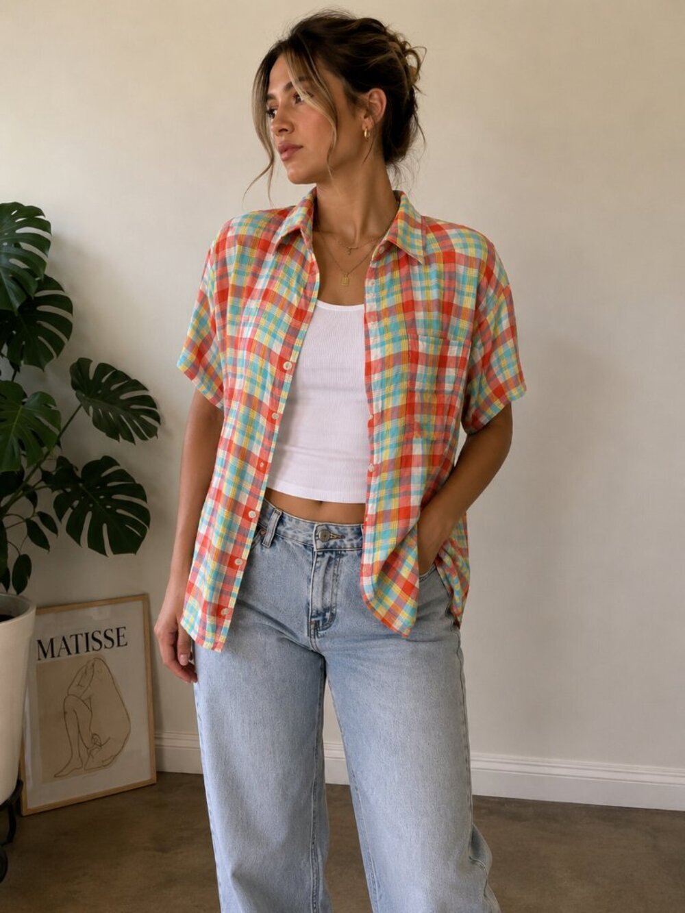 Vintage GUESS Plaid Short Sleeve Button Up XL Multicolor 90s Preppy Shirt